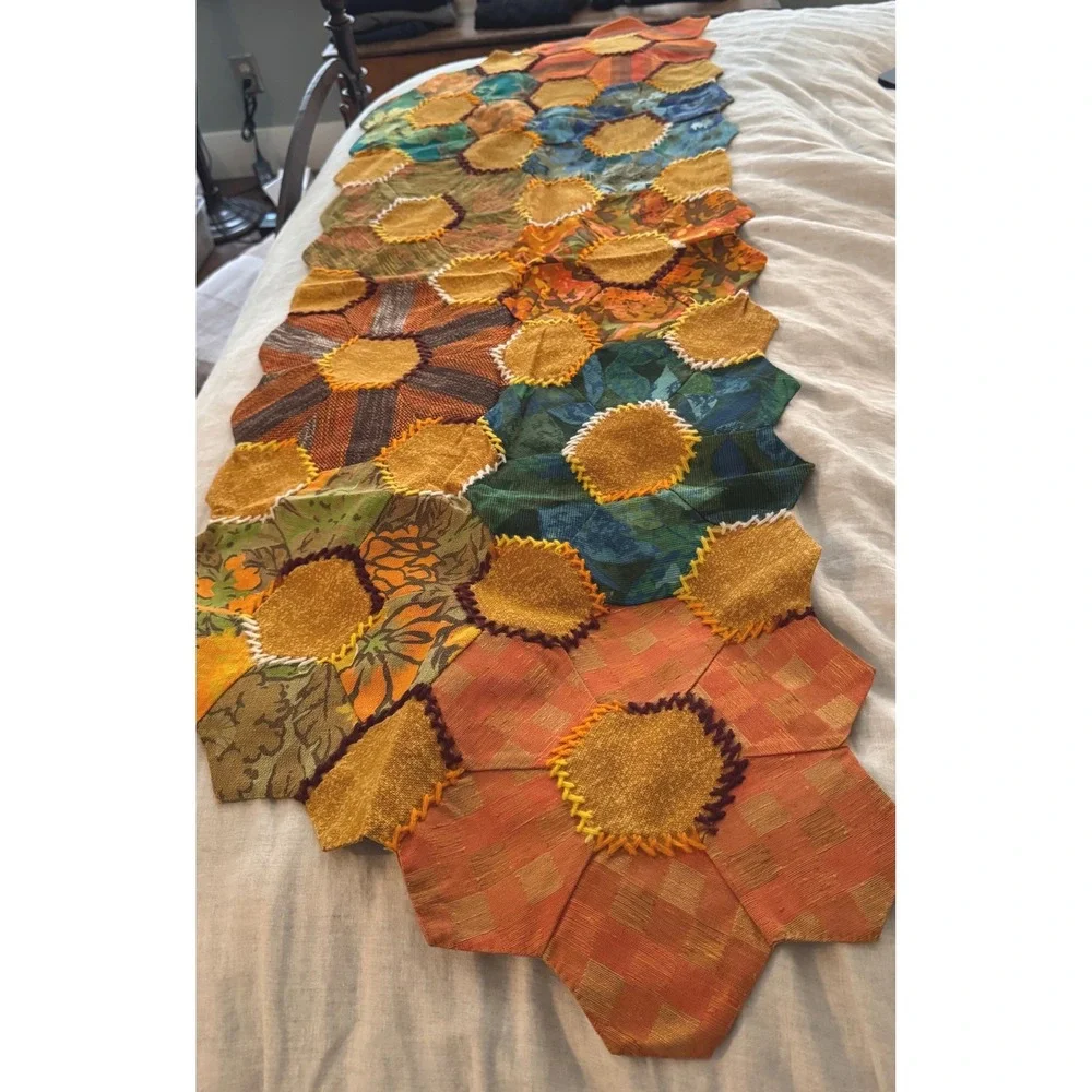 Vintage Handmade Patchwork Hexagon Table Runner Boho Cottagecore. 70s-80s